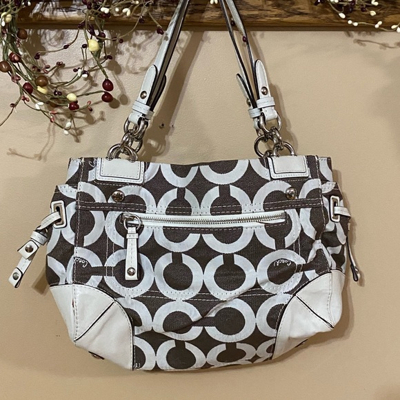 Coach Purse Carry All Shoulder Bag Multi Pocket White/Brown/Begie - Picture 2 of 8